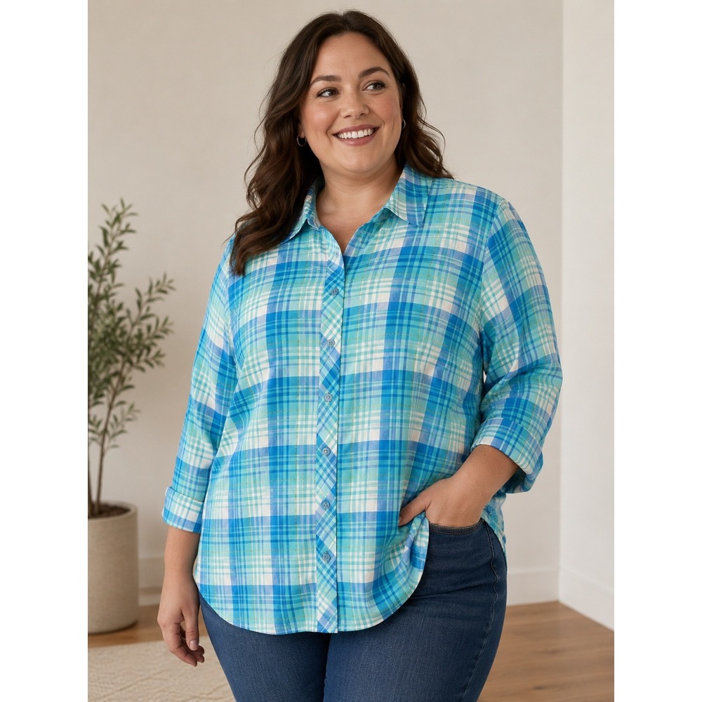 Talbots Button Shirt Womens 1X Blue Plaid Metallic Lightweight Flannel Autumn
